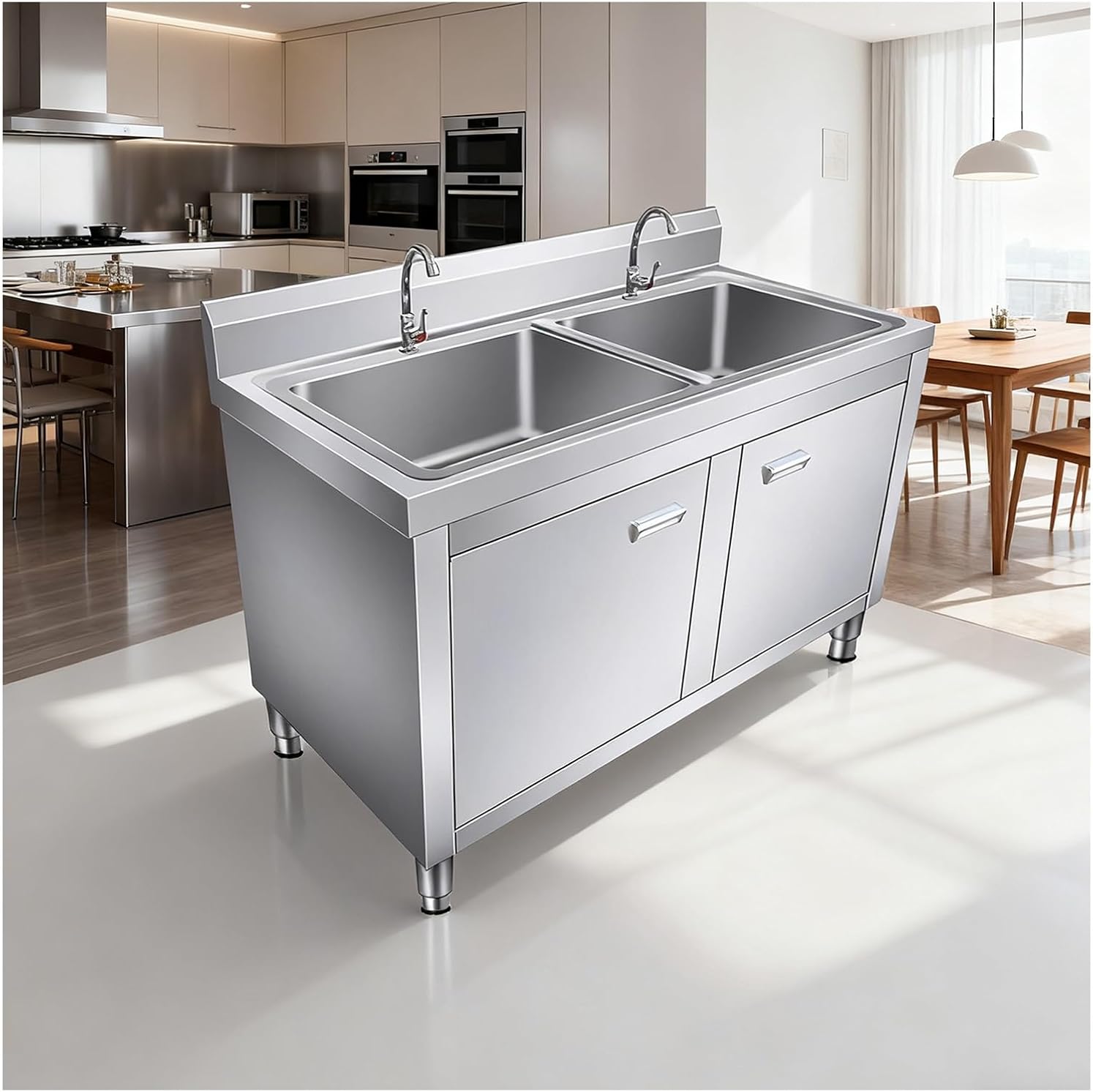 Adjustable-Leg Stainless Steel Sink Freestanding Commercial Double-Bowl Sink Cabinet Multi-Functional Storage Cabinet with Rounded Corners Designed for Construction Site Kitchens