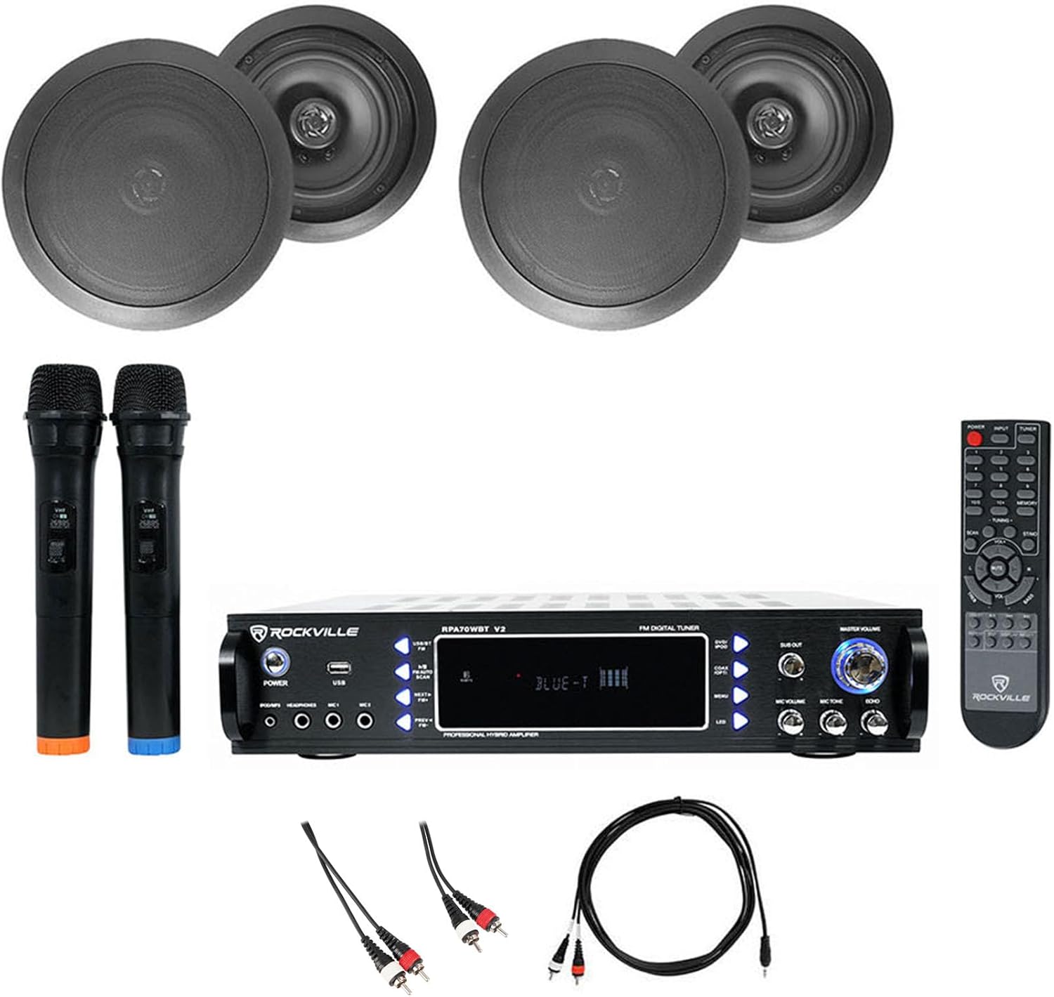 Rockville RPA70WBT V2 Bundle: 1000W Bluetooth Karaoke Amplifier/Mixer with Wireless Mics, (2) Pairs HC655 6.5 in in-Ceiling Speakers 250W Peak/80W RMS Each, Dual RCA & 3.5mm TRS Cables, 5-Items