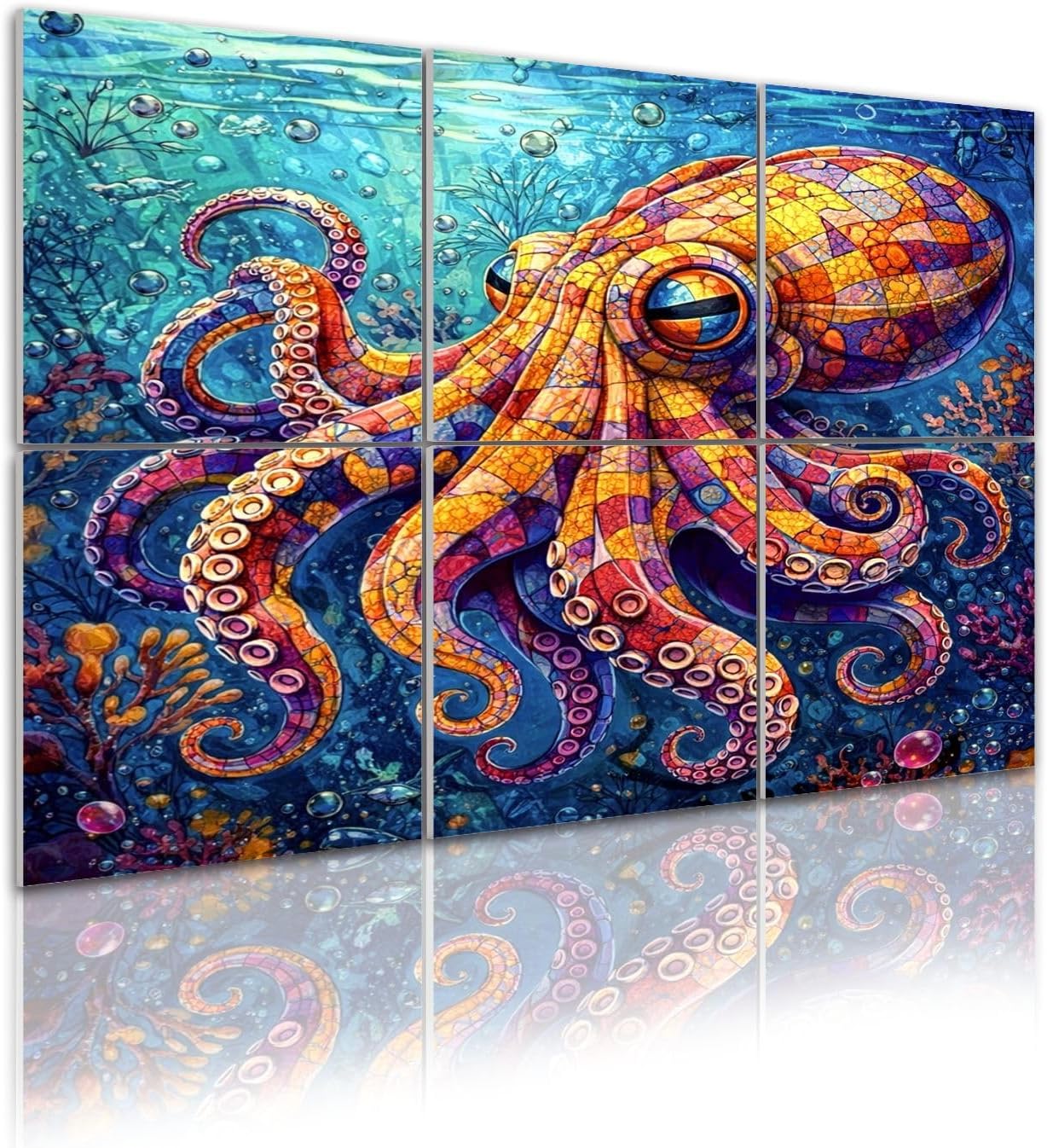 6 Pack Art Acoustic Panels Self Adhesive Colorful Stained Glass Style Octopus Underwater Scene Decorative Soundproof Wall Panels Sound Absorbing Panel 48