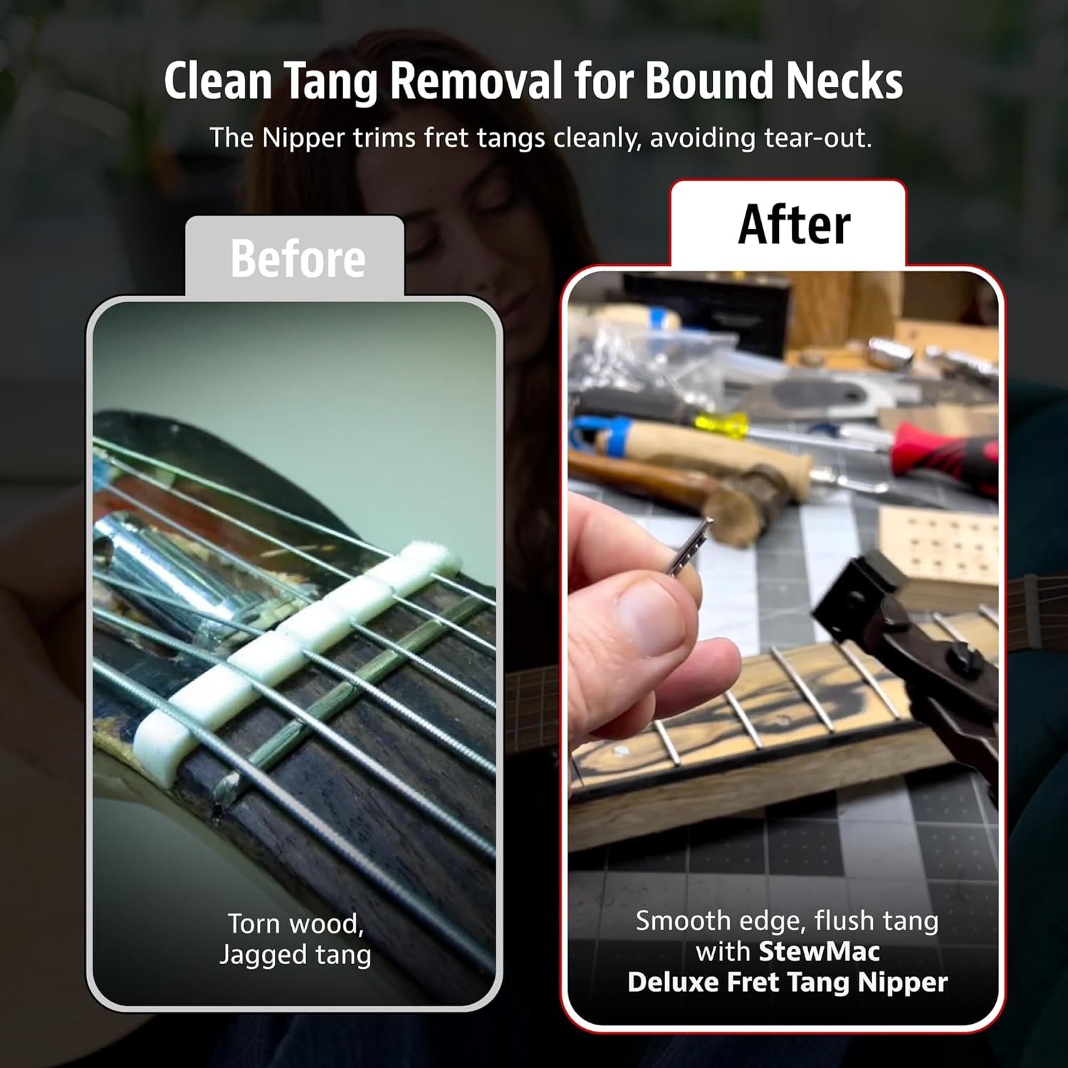 StewMac Deluxe Fret Tang Nipper 2257 for Guitar and Bass – For Bound and Unbound Fingerboards – Adjustable Depth Stop and Interchangeable Inserts