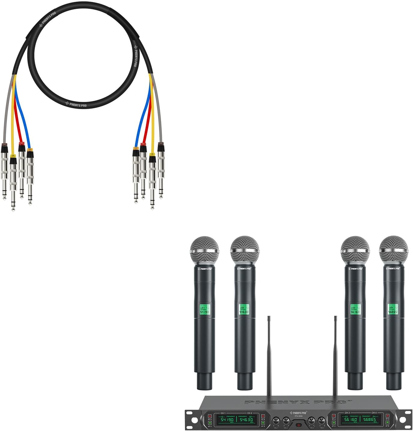 Phenyx Pro 4-Channel Wireless Microphone System PTU-5000-4H Bundled with 3 Ft Snake Cord