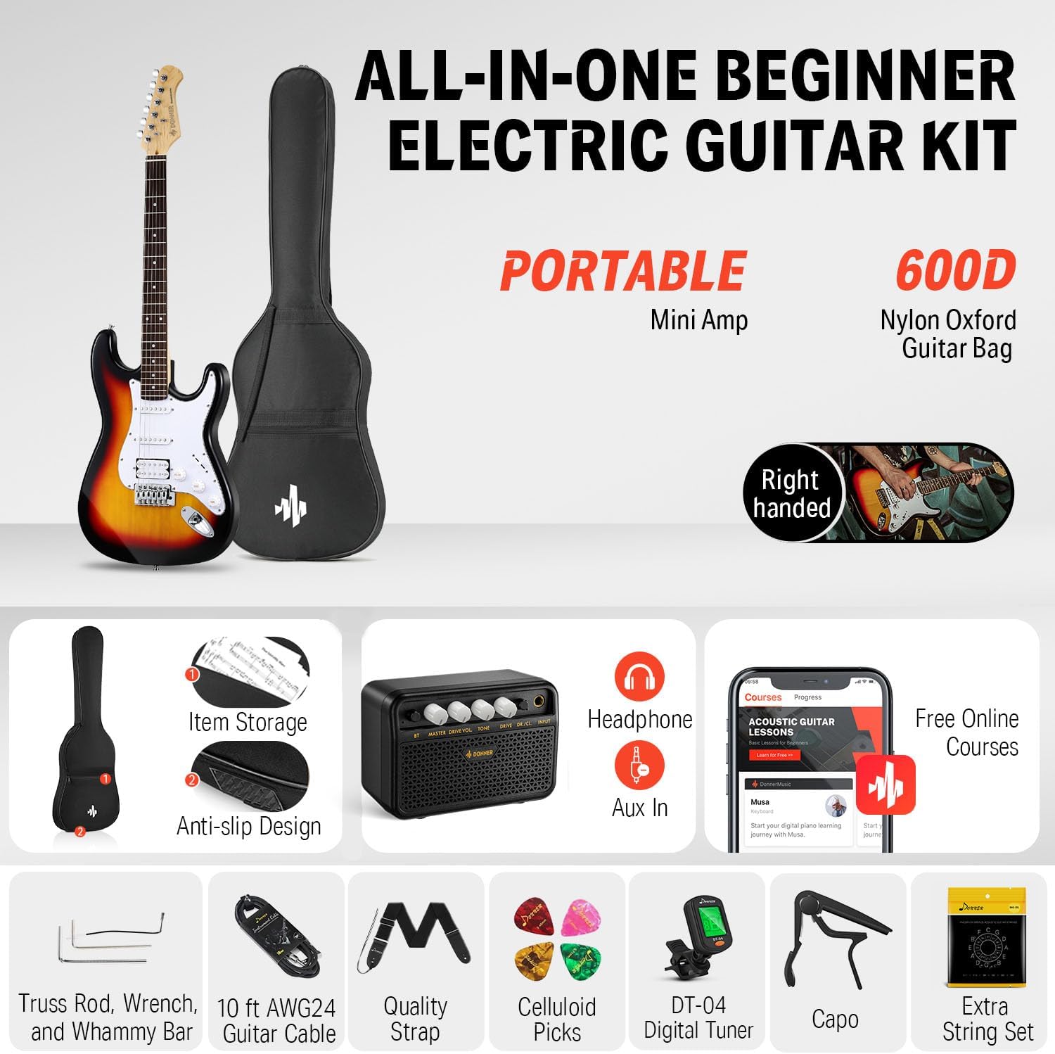 Donner DST-100S 39 Inch Full Size Electric Guitar Kit -Tuner Pedal