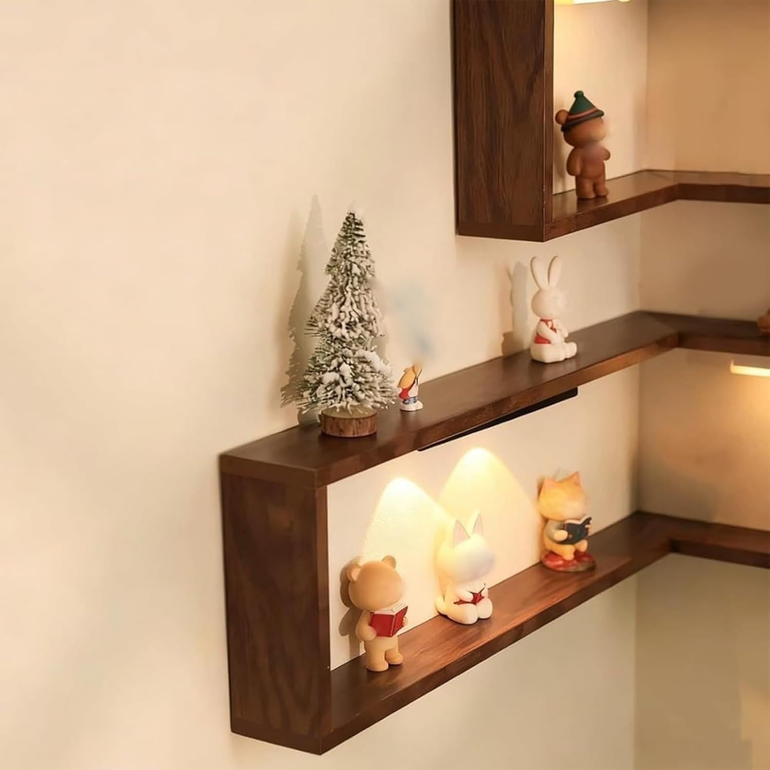 Smart Corner Shelves Light Up, Illuminated Corner Shelf with Remote, Wooden Wall-Mounted Corner Shelf Display Rack, Modern Wall-Mounted Display Rack Stand for Living Room, Study (Set-2)