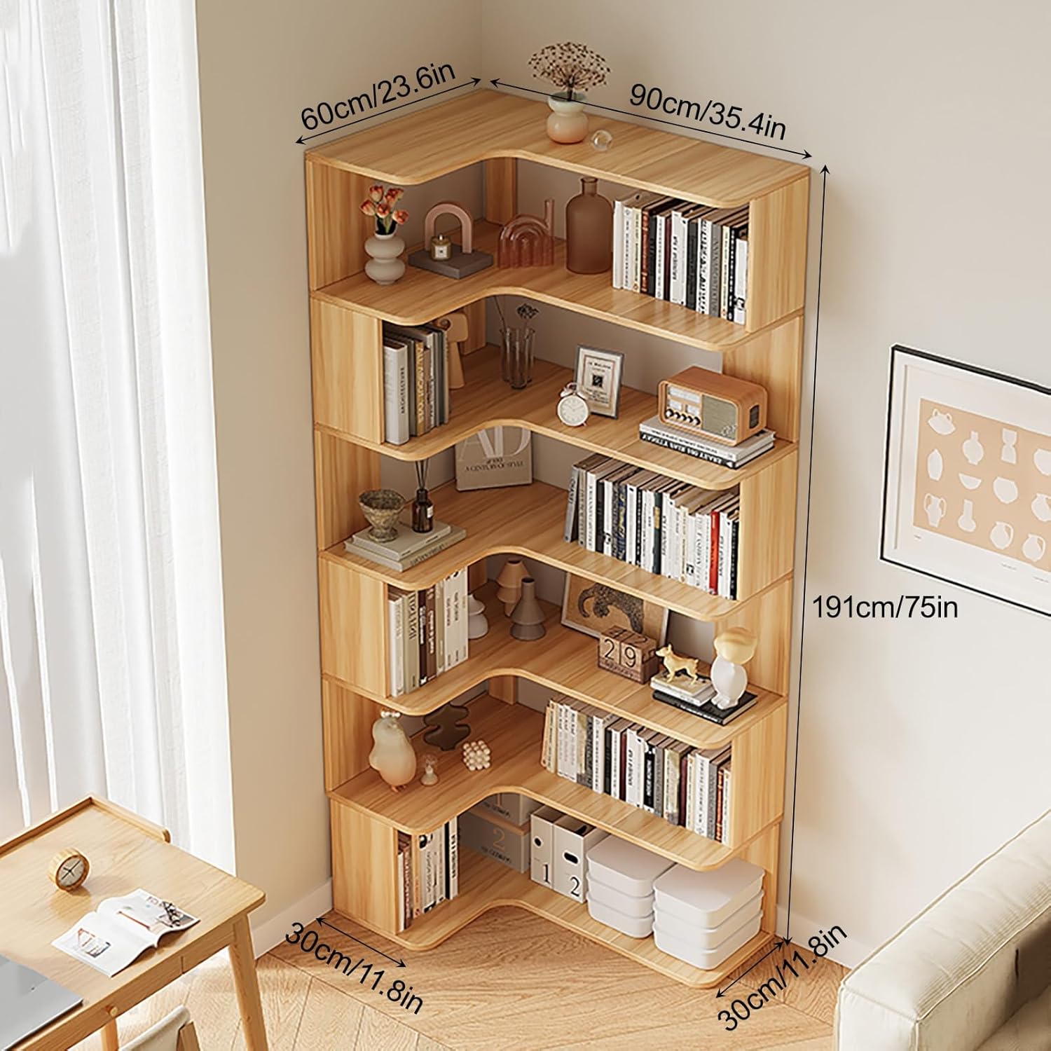 6-Tier Open Corner Bookshelf Freestanding Display Rack Shelving Unit, Modern Tall Display Book Shelf Library Industrial Shelving Book Case Easy Assembly(Yellow)