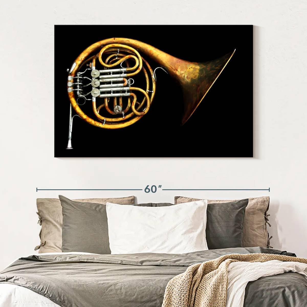 ElephantStock - Vintage French Horn Wall Art - Horizontal Canvas Wall Art - Living Room Wall Decor - Photography Music Canvas Art - Black And Gold Decor - 51