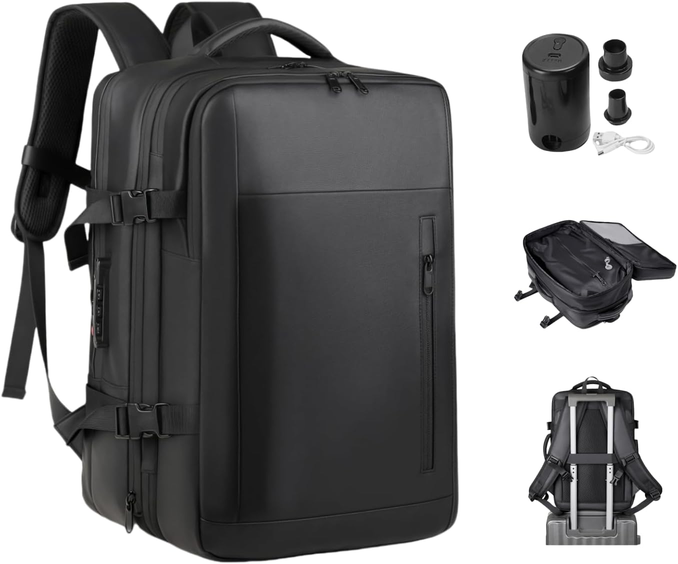 PUSOKEI Vacuum Backpack Travel, 55L Expandable Air Back Backpack with Vacuum Pump, Water Proof & TSA Anti Theft Lock, Compression Travel Ruckpack for Men & Women (Black)