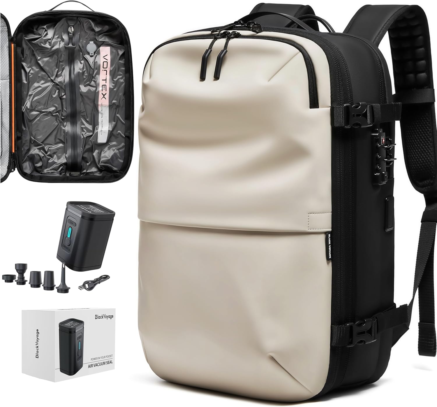 BlackVoyage Vortex Vacuum Seal Travel Backpack 60L Expandable Air Compression System Water Resistant TSA Lock Carry-On Suitcase Luggage White AERO - Vacuum Pump Included