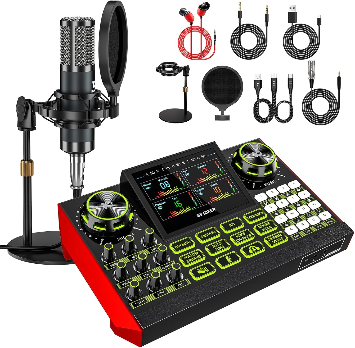 Podcast Microphone Bundle with Live Sound Card Audio Mixer, Podcast Equipment Bundle Sound Board with 3.5mm Condenser Microphone(P15) for Pc/Phone Live Streaming Singing Gaming,Voice Changer, Denoise