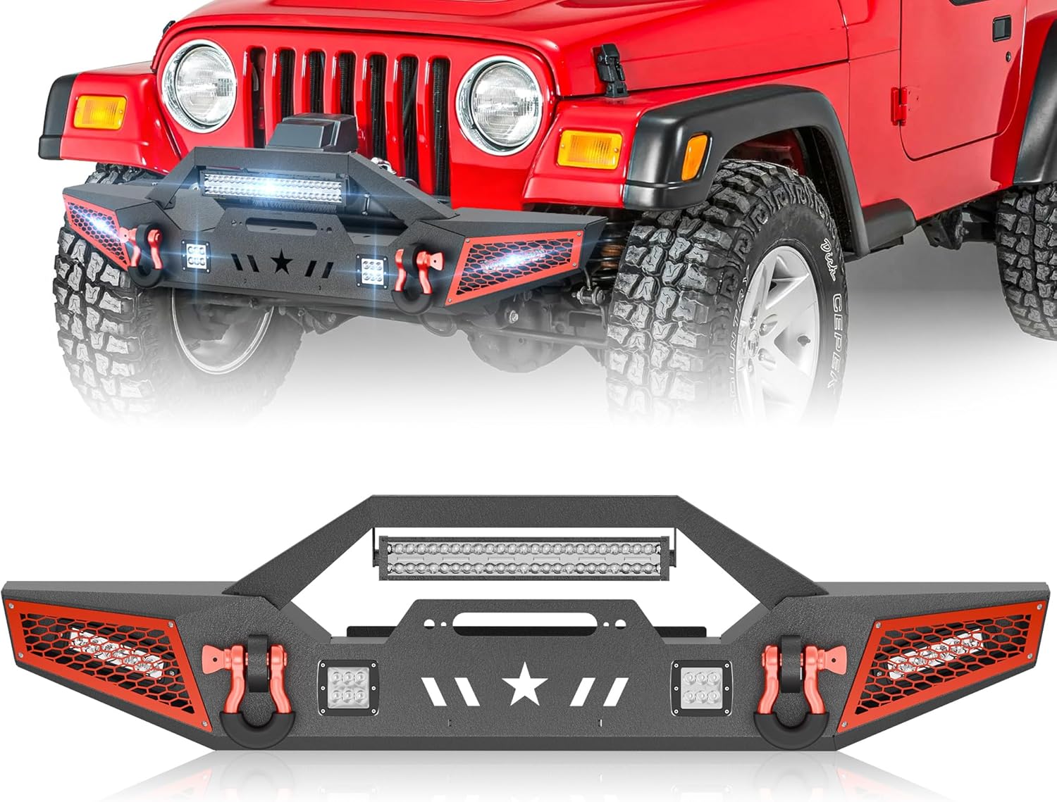Front Bumper Compatible with 1987-2006 Jeep Wrangler TJ YJ LJ (2/4 Doors) Off-road Bumper with Winch Plate, 1 x 312W LED Light, 4 x 18W LED Lights, Paintable Armor & D-rings, Textured Black