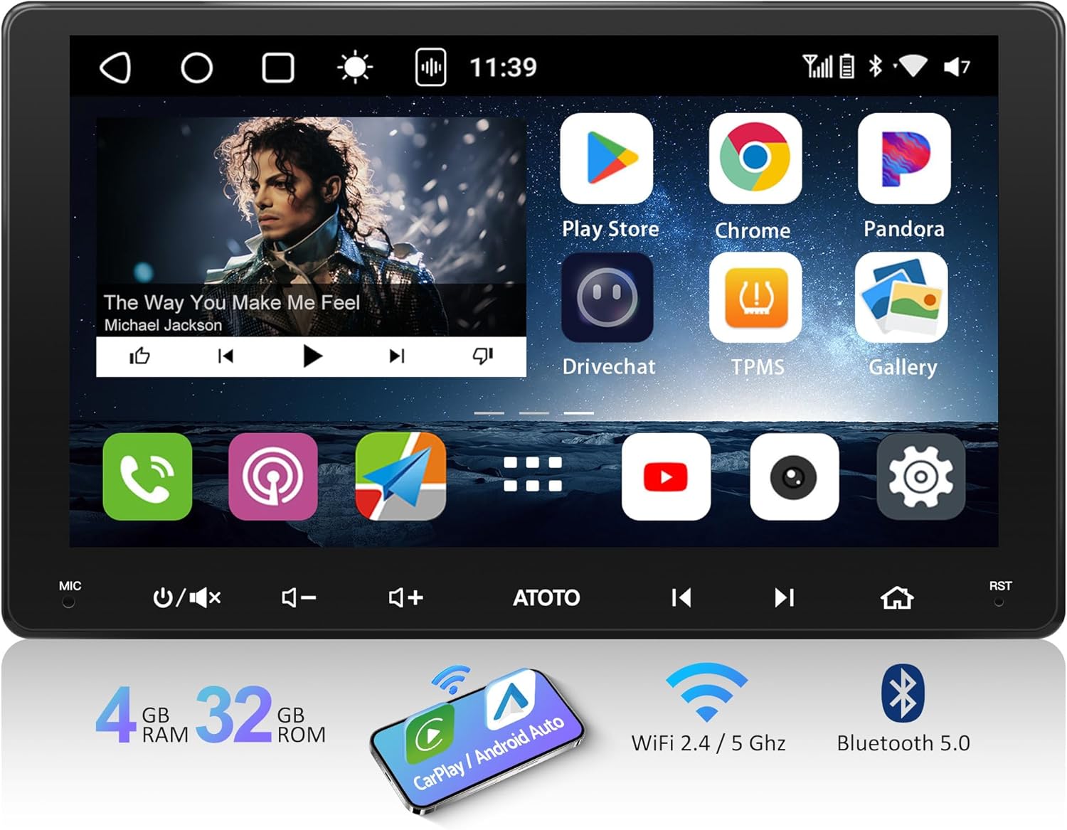 S8 8-Core 9inch 4G+32G Android Double Din Car Stereo, Wireless CarPlay & Android Auto, 4G LTE/WiFi&BT&USB Tethering, 1280 * 720 QLED Touchscreen, Dual Bluetooth, GPS Tracking, SCVC&VSV