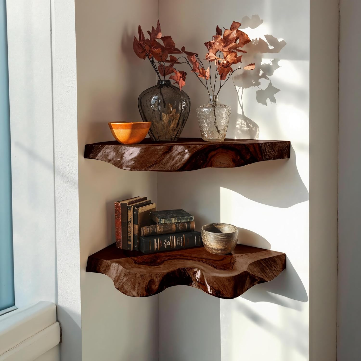 Farmhouse Live Edge Corner Floating Shelves - Handcrafted Rustic Solid Wood, Heavy-Duty Hidden Brackets, Wall Mounted Decor for Bedroom, Living Room - (11.7''L x 11.7''R x 1.4''H, Walnut)