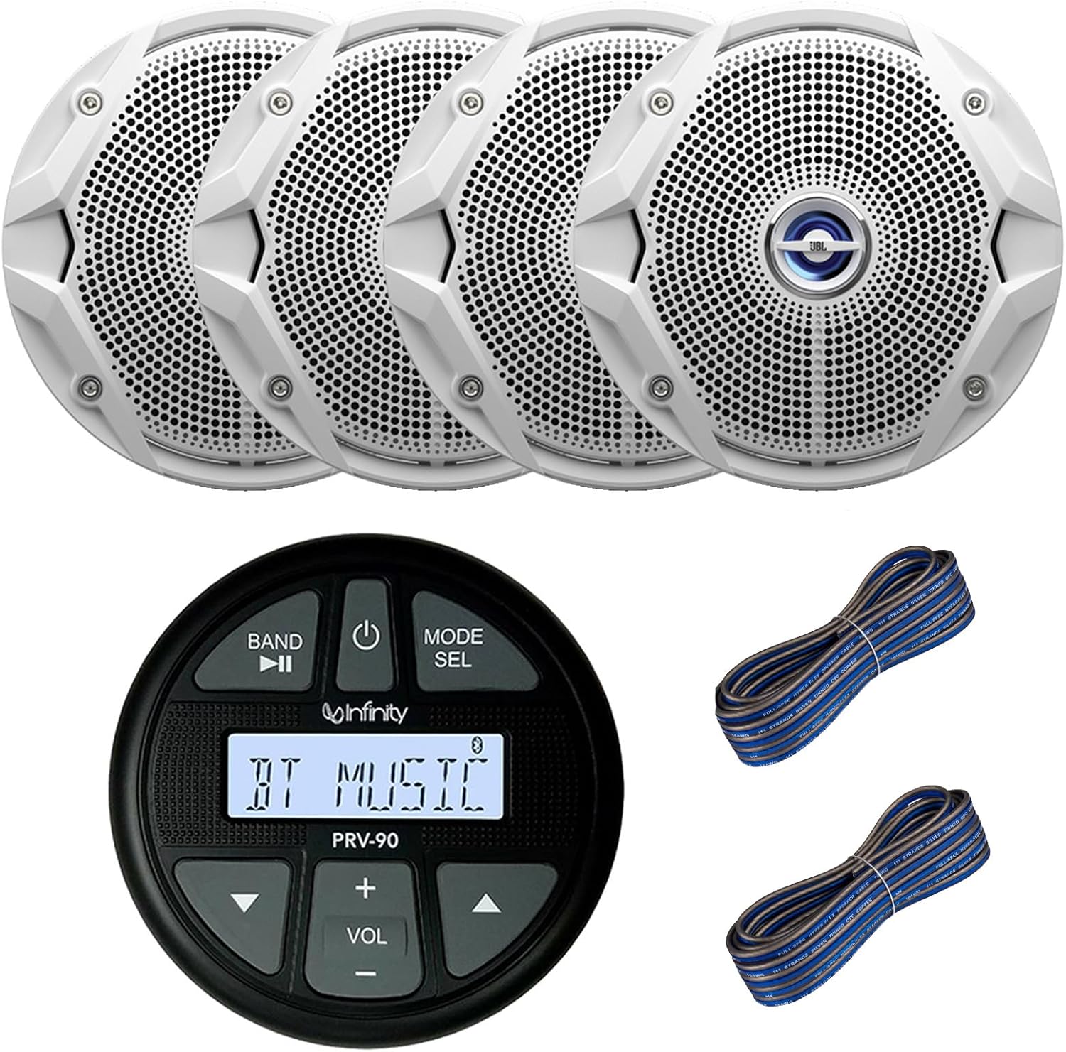 Infinity Marine Gauge Style AM/FM Bluetooth AUX/USB Stereo Receiver, Two Pair (4) 6.5