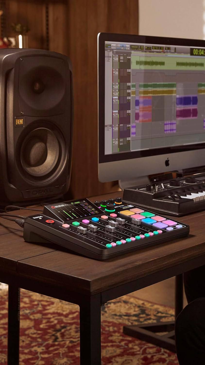 Rode RODECaster Pro 2 Integrated Audio Production Console with 4 PodMic Podcasting Microphones, PSA1 Professional Microphone Arms, 32GB microSD Card, XLR Cables and StreamEye Cloth