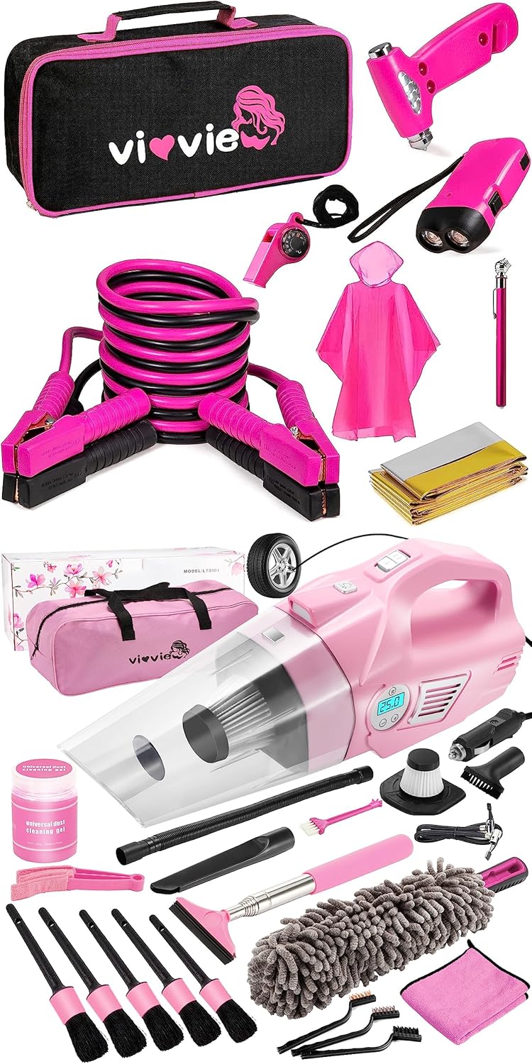 Pink Car Cleaning Kit and Roadside Emergency Car Kit, 21PCS Car Detailing Kit Interior Cleaner with 4-in-1 Handheld Car Vacuum Cleaner, Pink Car Emergency Kit with Jumper Cables