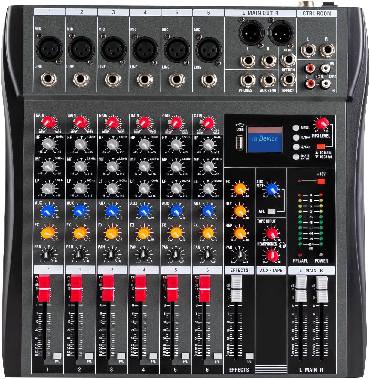 TFCFL 6 Channel Mixing Console Audio Mixer Bluetooth USB Audio Interface 48V Phantom Power Mixer Use for Stereo DJ Studio PC Recording Singing Webcast Party (6 Channel Mixer)