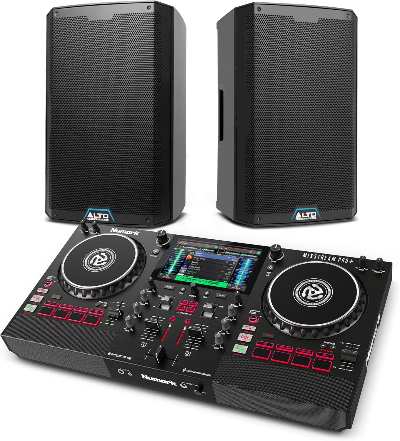 Numark Mixstream Pro+ DJ Controller and ALTO TS415 Powered PA Speakers Pair for Live Music, DJ sets, Events, Music production
