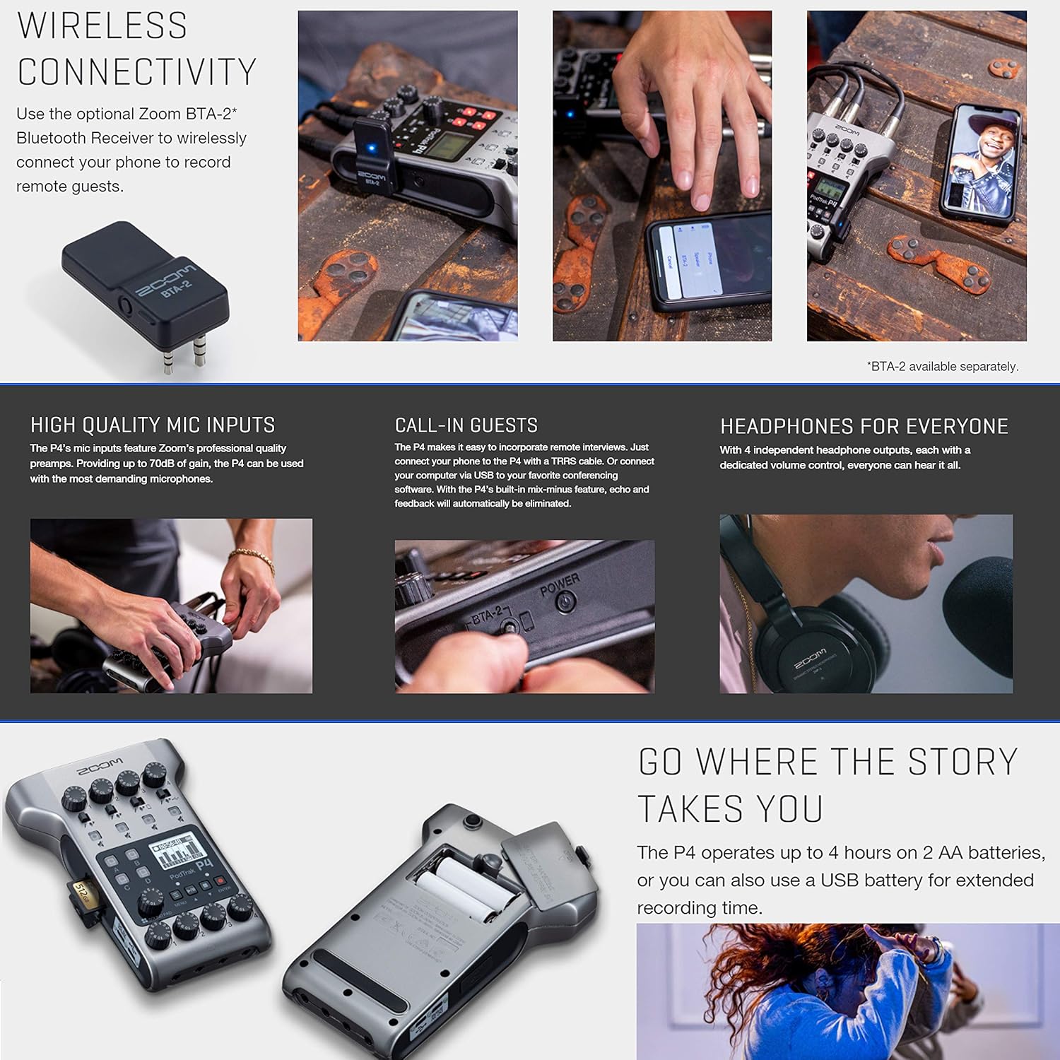 Zoom PodTrak P4 Portable Multitrack Podcast Recorder + 4X Zoom M-1 Mic + 4X Headphones + Windscreens + XLR Cables + 4X Tabletop Stand + Cloth – 4 Person Podcasting Mic Pack Bundle