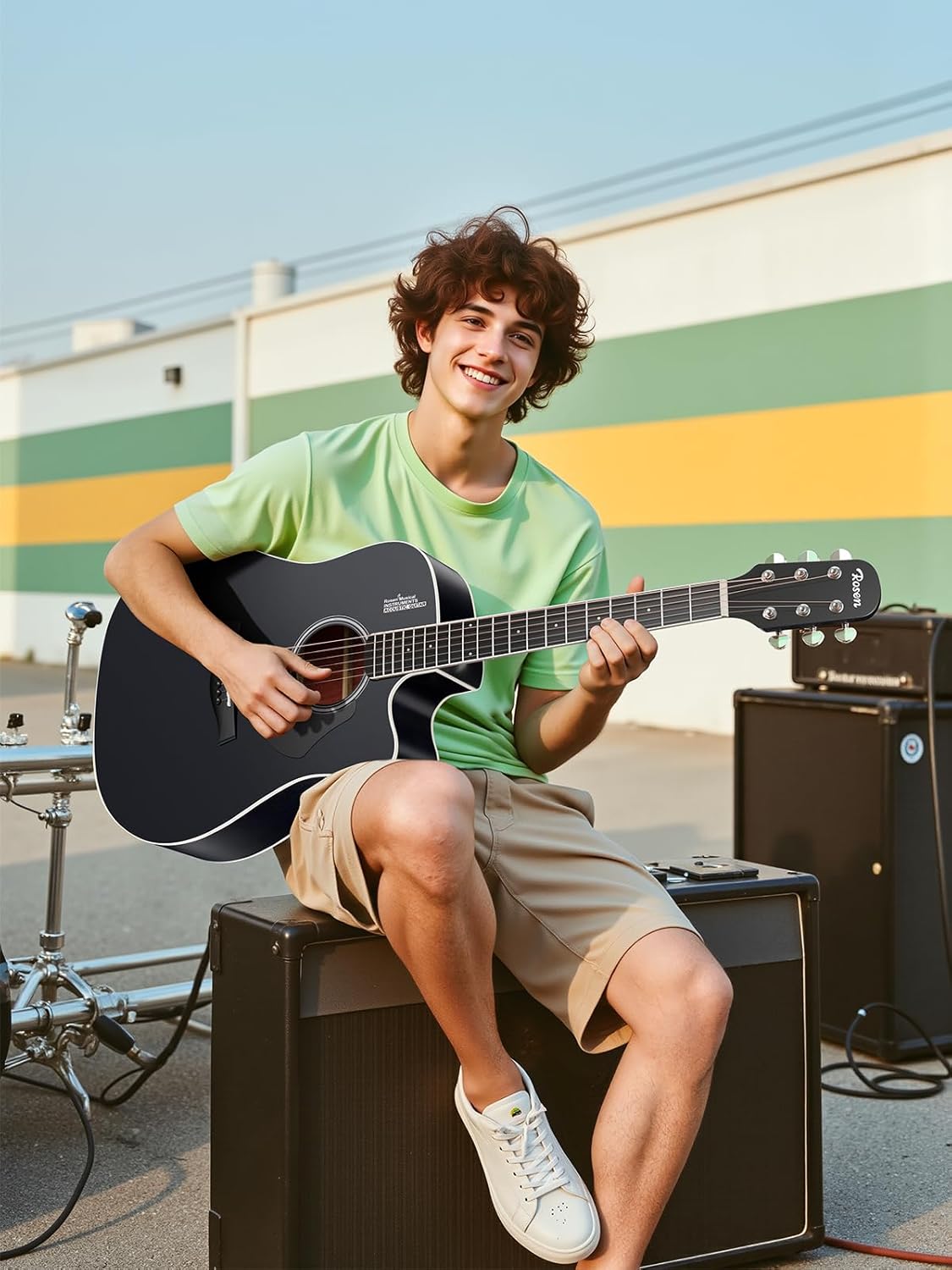 Rosen Solid Top Dreadnought Acoustic Guitar 41 Inches Spruce Guitar Beginner Bundle with Book, Padded Bag, Strings, Picks, Hexwrench, Strap, Polishing Cloth, Black