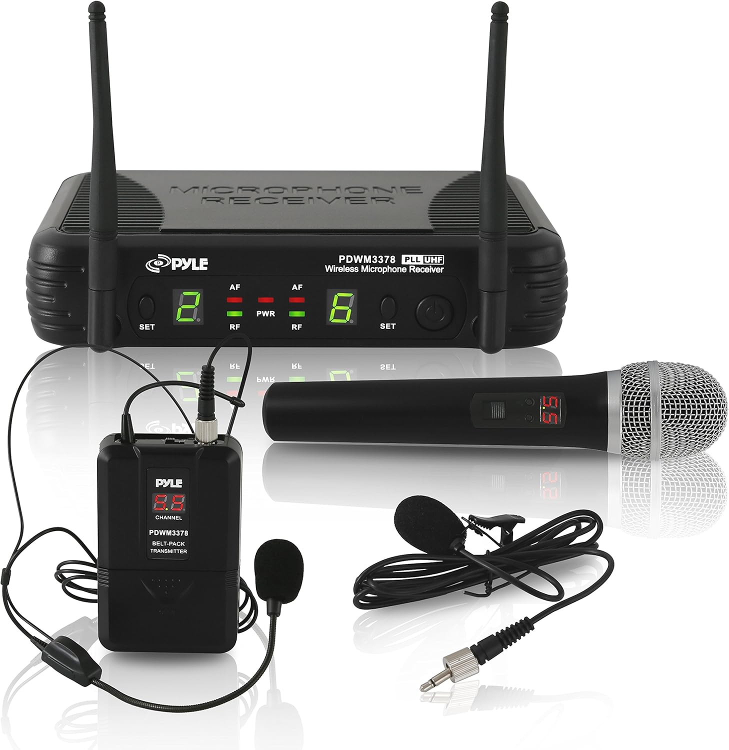 Pyle Dual Channel UHF Wireless Microphone System Handheld MIC, Headset, Belt Pack, Lavalier/Lapel MIC With 8 Selectable Frequency Independent Volume Controls AF & RF Signal Indicators