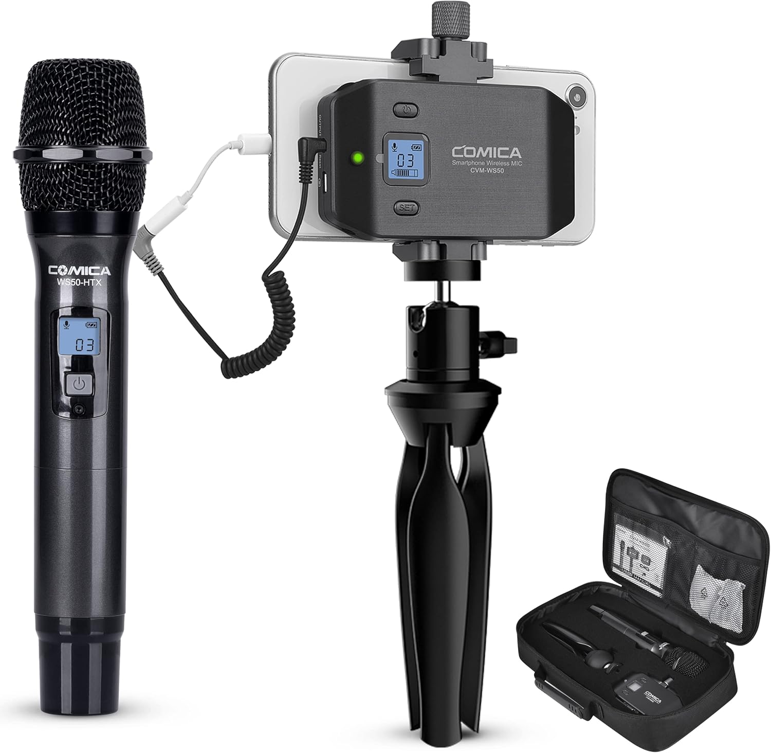 Comica CVM-WS50(H) Wireless Microphone System, 6 Channels Handheld Interview Microphone with Flexible Combination Grip for Smartphone, Camera, Perfect for YouTube, Interview, Video Conference, Podcast
