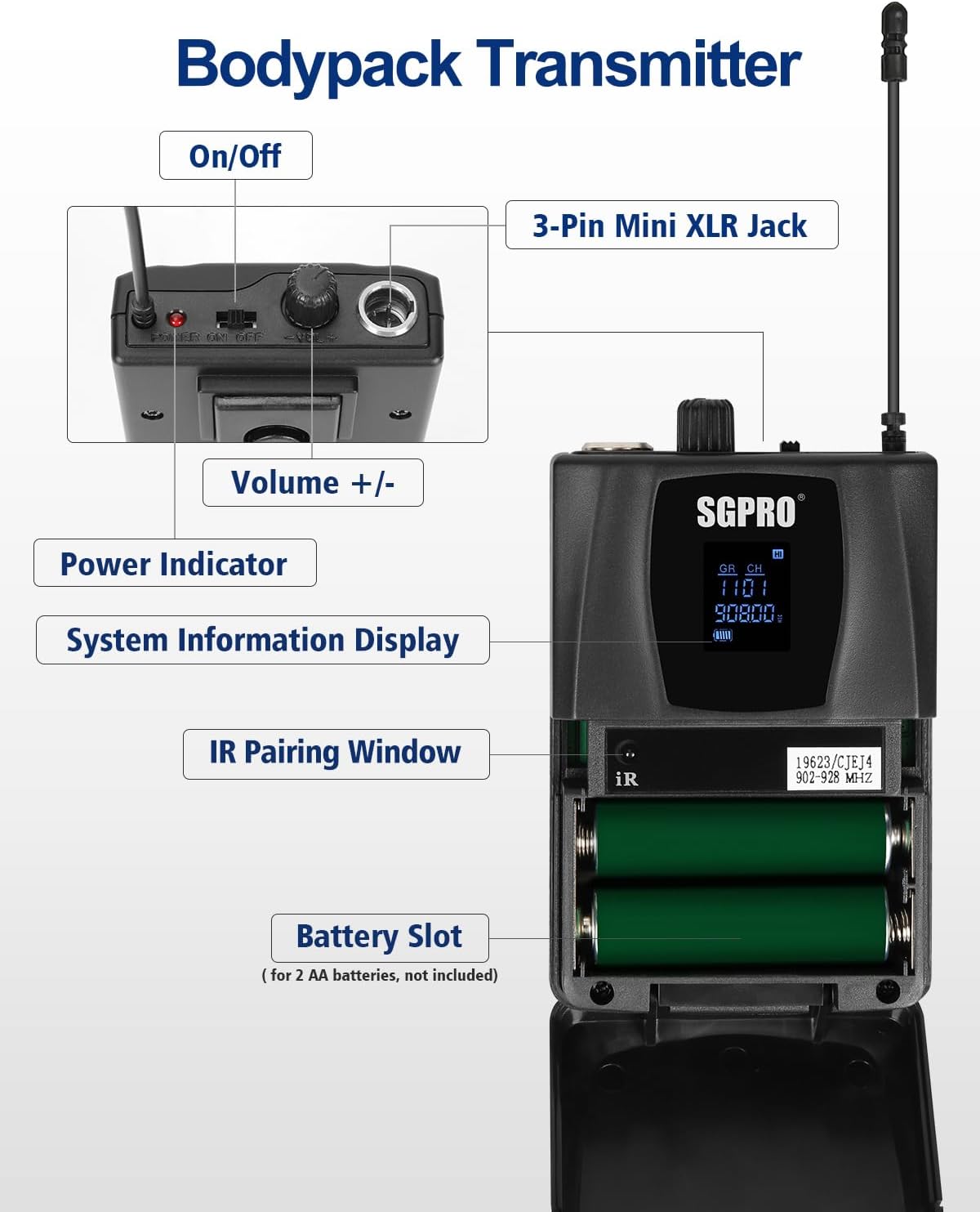 Dual Channel Wireless Microphone System - UHF Handheld, Bodypack, Head-Worn & Lavalier Mics for Live Performance, Karaoke, DJ, Church, Classroom & PA Systems (D-332HB)