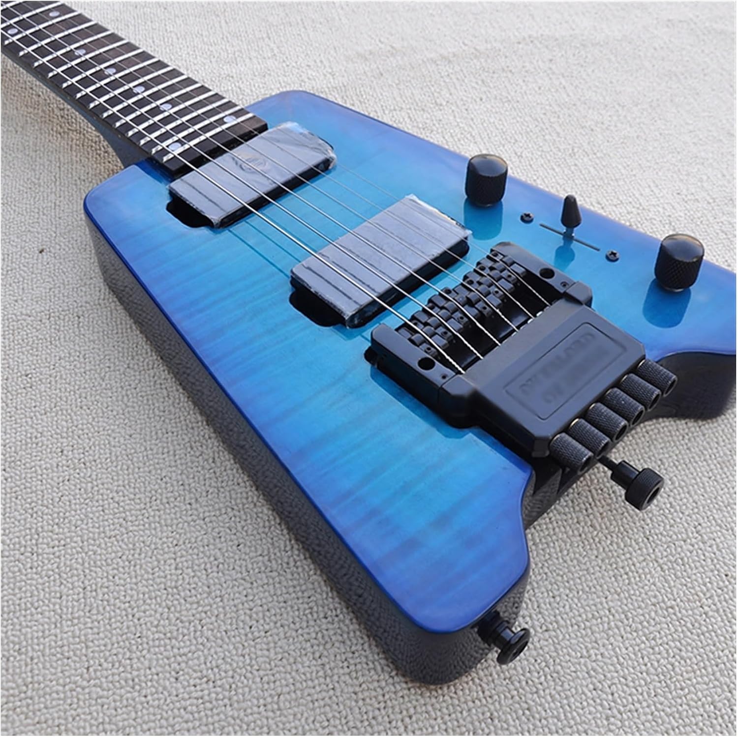 Headless Electric Guitar Blue Portable Travel Flame Maple Veneer Headless Electric Guitar with Rosewood Fretboard 24 Frets
