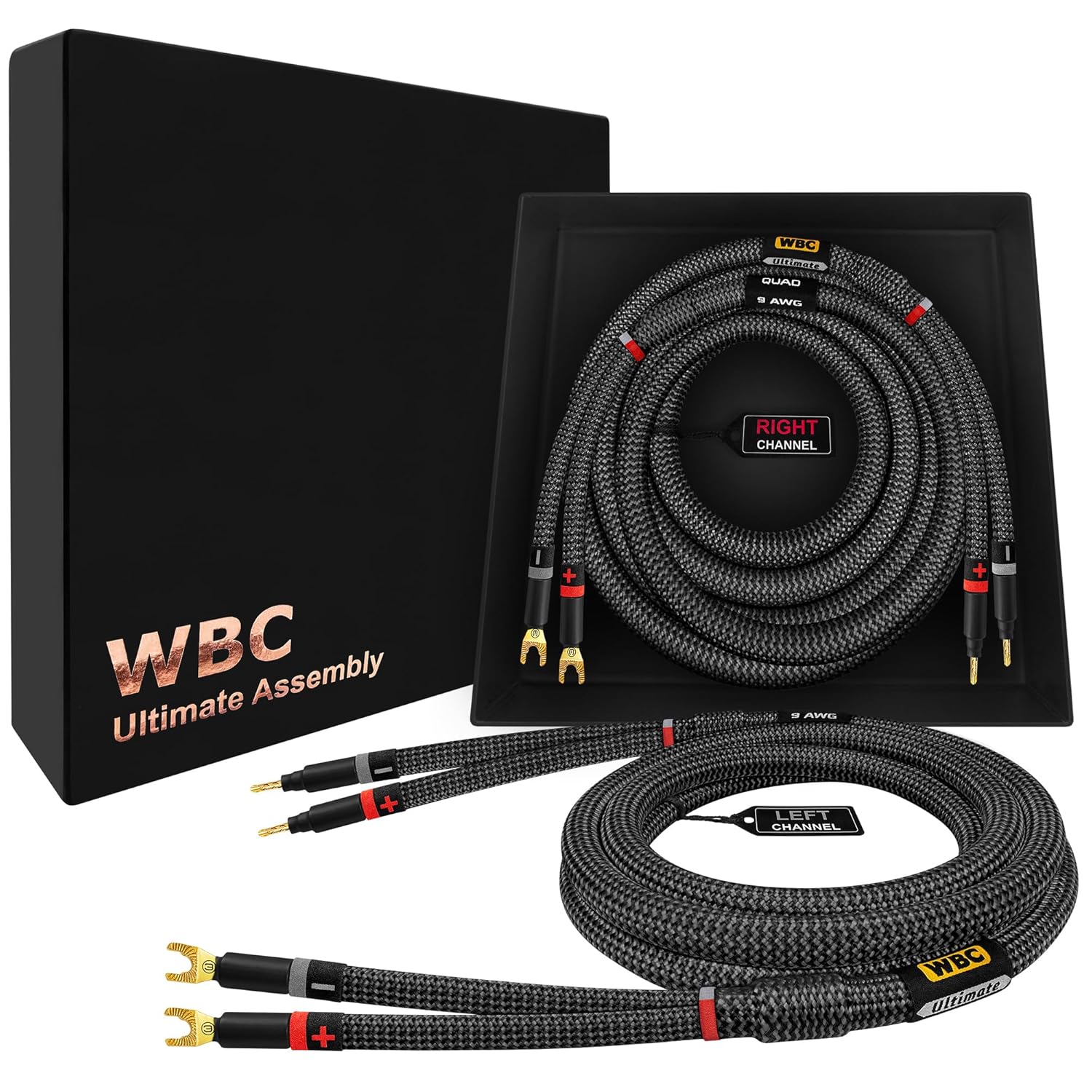 WORLDS BEST CABLES 8 Foot Ultimate - 9 AWG - Ultra-Pure OFC - Premium Audiophile HiFi Speaker Cable Pair with Eminence Gold Banana (x2) & Spade (x2) Plugs & Carbon Tweed Jacket