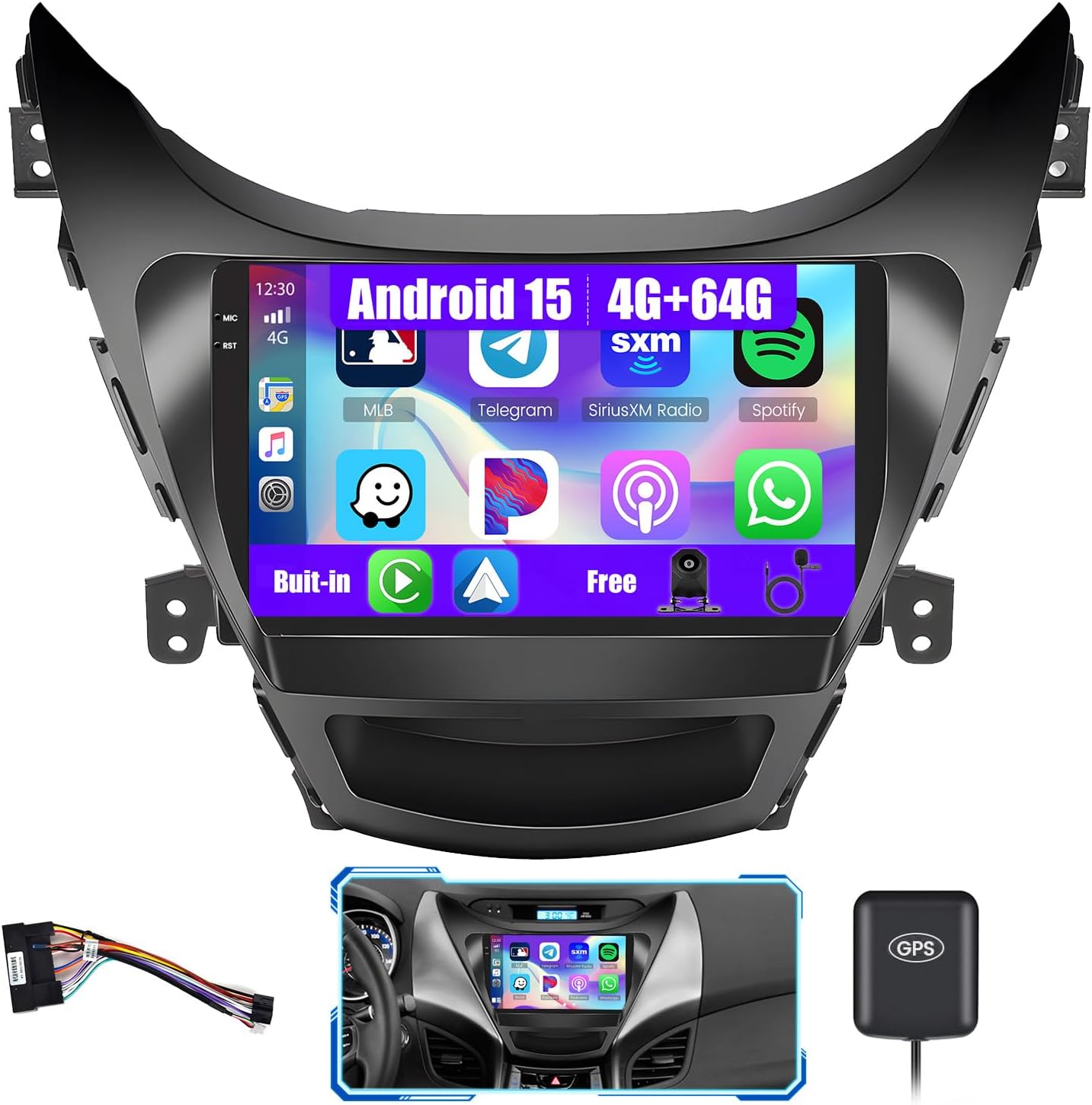 [4G+64G] Android 15 Car Stereo for Hyundai Elantra 2011 2012 2013 with Wireless Carplay/Android Auto, 9 Inch HD Touch Screen Car Radio with GPS Bluetooth WiFi FM/RDS EQ SWC Backup Camera MIC