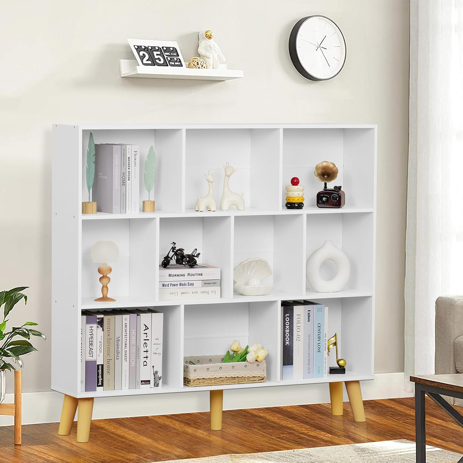 YAHARBO 10 Cube White Bookshelf,3 Tier Book Shelf with Legs,Modern Minimalist Bookcase,Open Book Shelves Storage Organizer,Frees Standing Wooden Display Bookcases for Small Space,Bedroom,Living Room