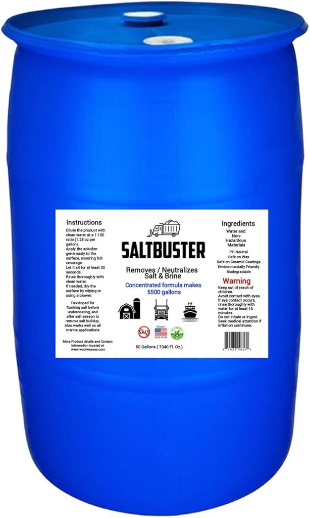 Woolwax Road Salt & Brine Remover/Neutralizer for Auto & Trucks & Marine. PH Neutral Formula, 55 Gallon Concentrate makes 5500 Gallons mixed formula.