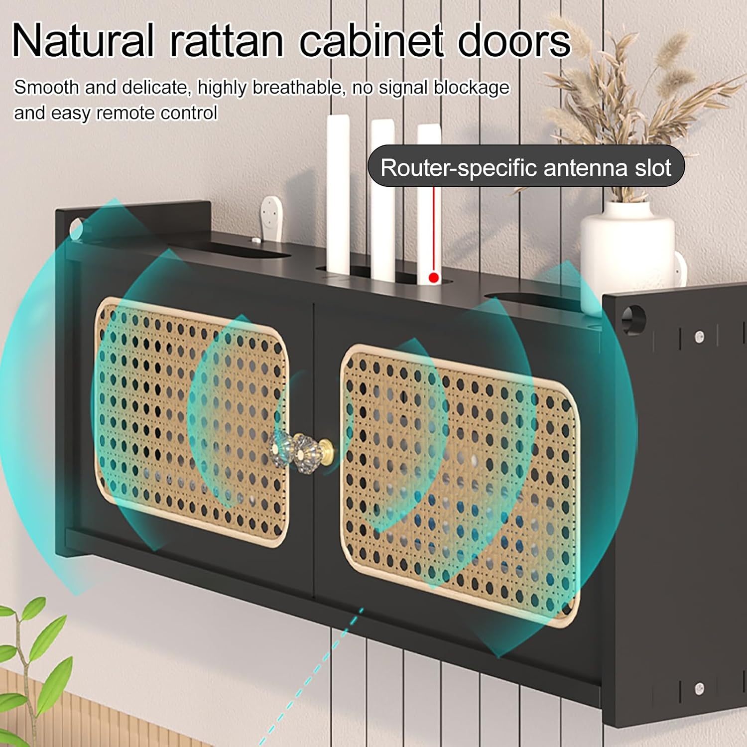 Wall-Mounted Rattan WiFi Router Shelf, Decorative Modem & Cable Organizer Box, Cable Power Plug Wire Storage Boxes, Invisible Storage Multi-Layer Shelves for Home(Black,60*11*23cm/24*4.3*9in)