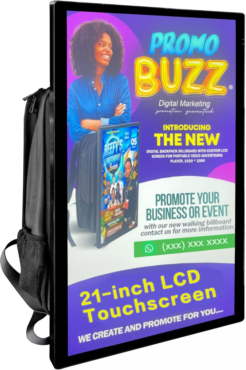Welaso 21-inch LCD Video Advertising Backpack,1920 * 1080 Resolution Ratio, Human Walking Backpack Digital Billboard (ETV Network Version+Touch Screen)