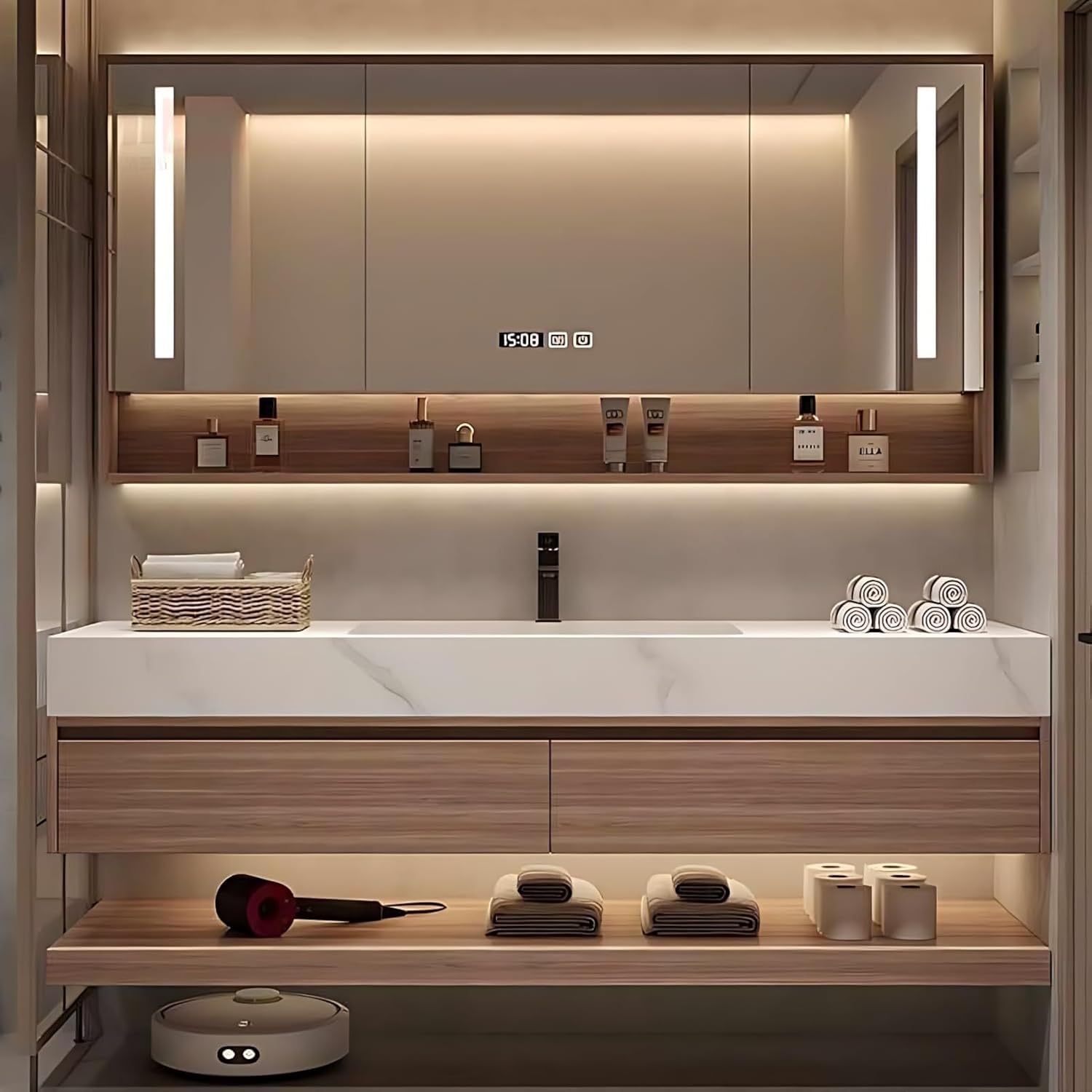 42 in Stylish Bathroom Vanity with Sink - Floating Bathroom Vanity Set - Includes Smart Defogging Mirror Cabinet & Faucet - Multi-Layer Solid Wood Material - Wall Mount