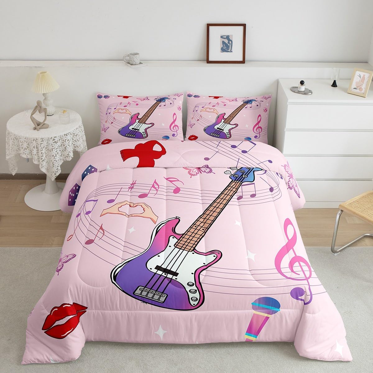 Erosebridal Bass Electric Guitar King Bedding Set,Pink Music Note Comforter Set,Microphone Disco Ball Comforter for Women Girls,Musical Theme Bedroom Room Decor,2 Pillowcases Reversible