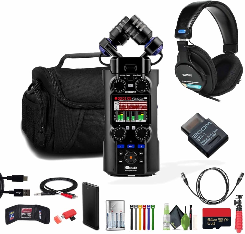 Zoom H5studio 4-Track Handy Recorder with 32-Bit Float Recording Bundle with BTA-1 Bluetooth Adapter + MDR-7506 Professional Stereo Headphones + More