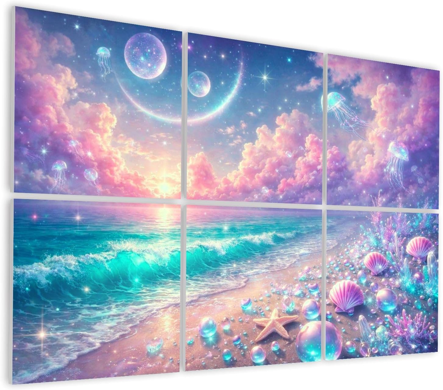 6 Pack Art Acoustic Panels Self Adhesive Magical Ocean Shore Jellyfish Stars Vibrant Clouds Decorative Soundproof Wall Panels Sound Absorbing Panel 48