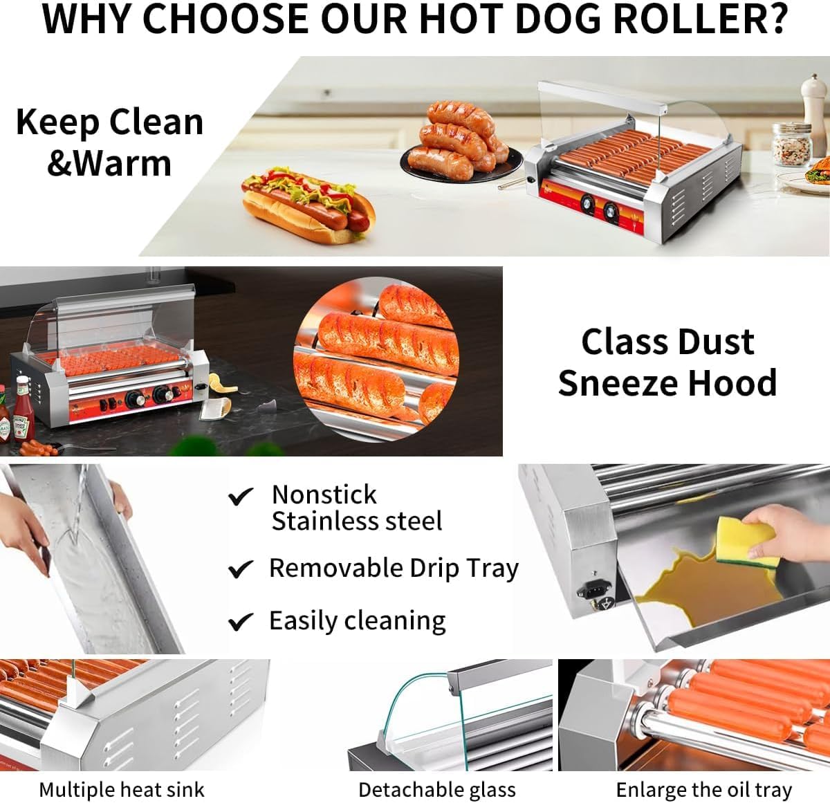 1670W 11-Roller Hot Dog Machine，Holds 30 Hot Dogs，Non-Stick & Stainless Steel，for Parties, Events & Food Stalls