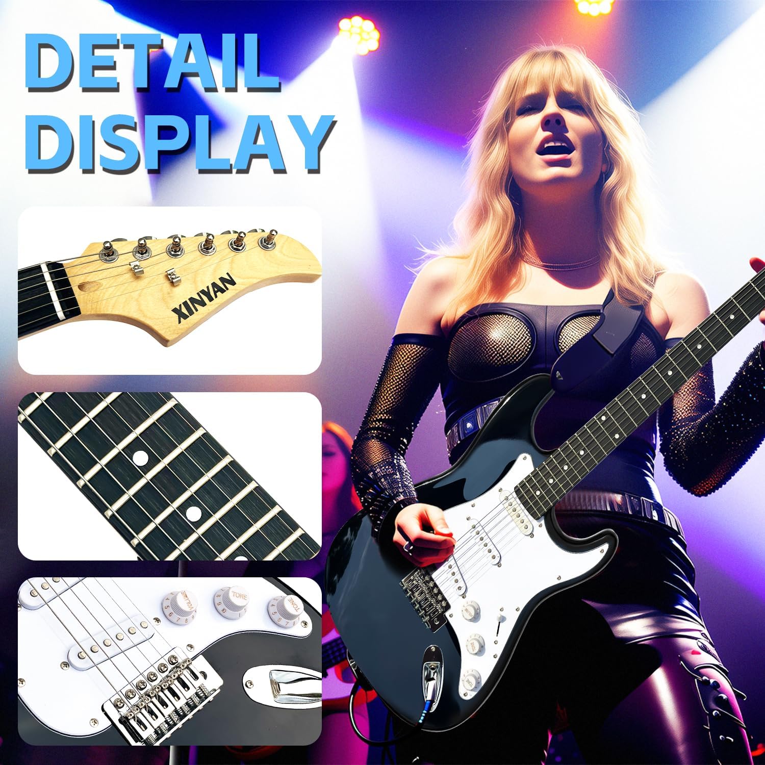 39in Full Size Beginner Electric Guitar Starter Kit w/Case, Strap, 20W Amp, Strings, Pick, Tremolo Bar (Black Guitar)