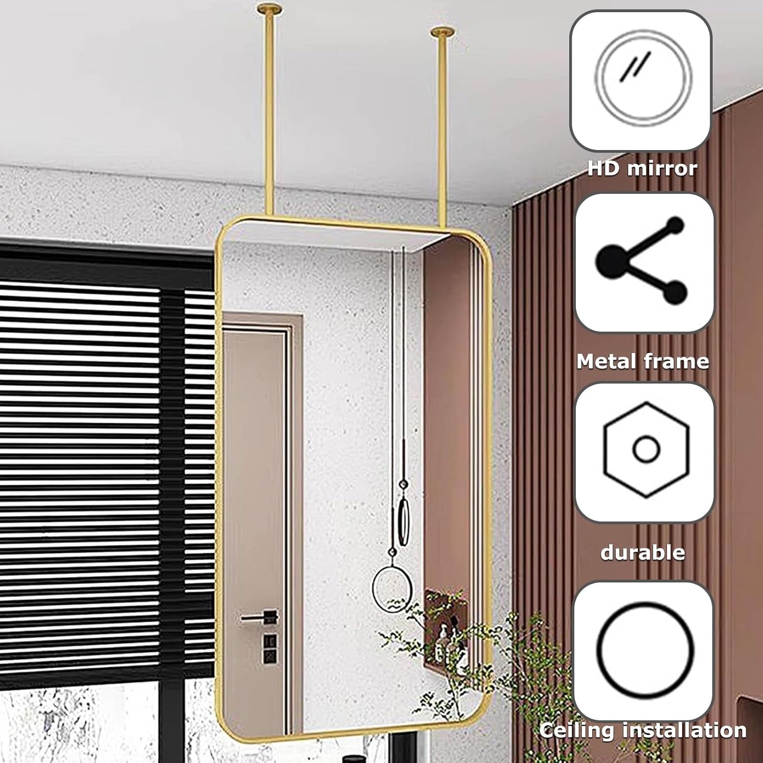 Ceiling Mounted Bathroom Mirror Hanging Bathroom Vanity Mount Mirrors Corner Mirror Wall Mount Pivot Metal Pole Ceiling Suspended Mirror Square Mirror For Ceiling Hanging Rod Bedroom Entryway Decor(A