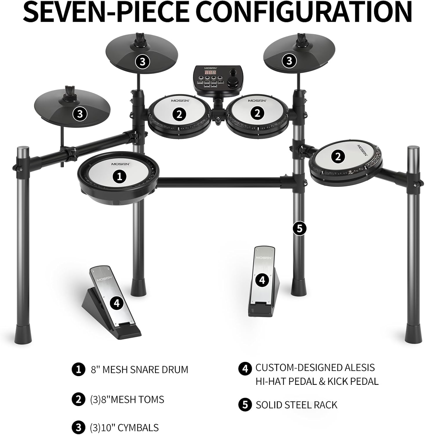 MOSEN Electric Drum Set with 4 Quiet Mesh Drum Pads, Cymbals, Sticks, Headphones, USB MIDI, Kick Pedal, 195+ Sounds and 25 Drum Kits for Beginner MED-X3