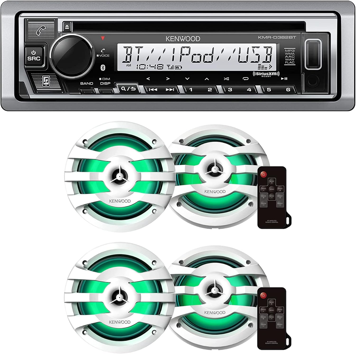 KENWOOD KMR-D382BT Car & Marine Stereo - Single Din, Bluetooth Audio, CD USB MP3, Aux in, AM FM Radio, Weatherproof | Plus 2X Kenwood KFC-1673MRWL 6-1/2