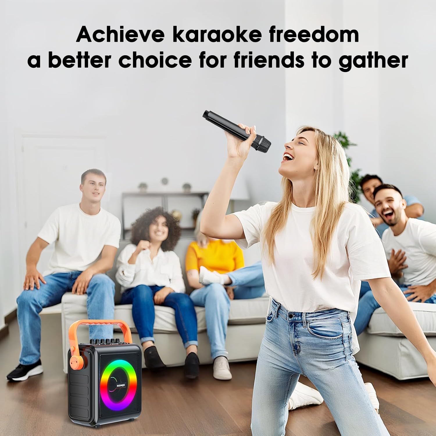 Karaoke Machine,8000mAh Portable Bluetooth Speaker with 2 Wireless Microphones for Adults & Kids,Microphone Speaker Set with Lights,Supports for TF Card,AUX in,FM,REC,for Parties,Outdoor,Home (HBL100)