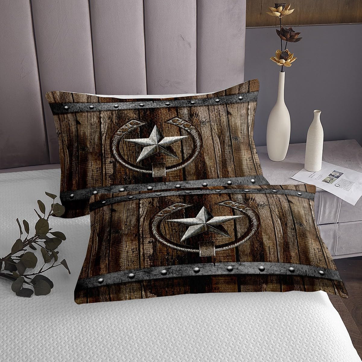 Erosebridal Rustic Farmhouse Bedspread,Rusty Horseshoe Texas Star Quilt Set Brown Vintage Western Country Cabin Quilted Bedding for Boys Adults Men Old Barn Wooden Garage Door Coverlet Set 3 Pcs,King