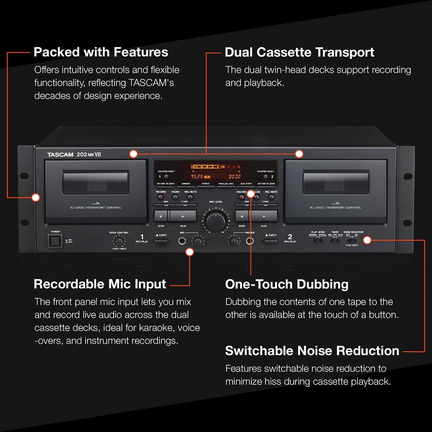 Tascam 202MKVII Double Cassette Deck Recorder with USB Port, Dual Cassette Deck