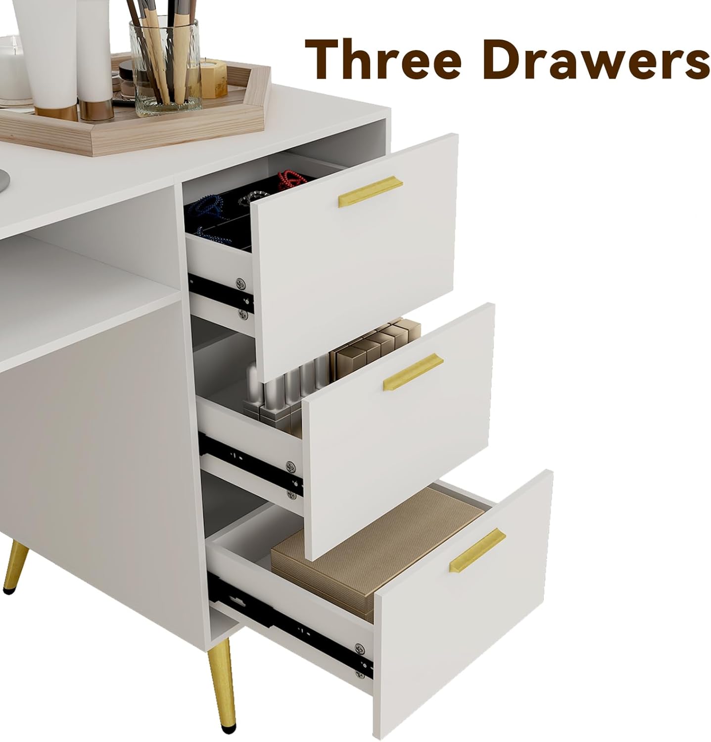 ARTETHYS Portable Nail Desk with Drawers White Manicure Table Nail Station with Shelves L-Shaped Salon Corner Nail Art Equipment for Nail Tech