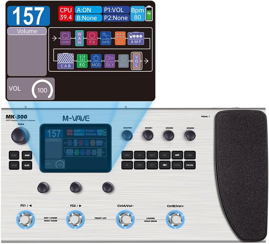 MK-300 Guitar Multi-Effects Processor Pedal with 320+ Effects,160 Presets,Looper, Expression Pedal, Drum Machine,MIDI Port, IR Loader,Neural Network Modeling，Guitar/Bass
