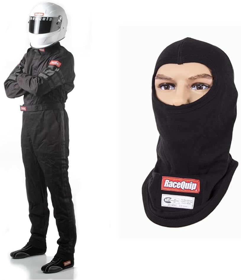 RaceQuip Driver Fire Suit SFI 3.2A/1 Black Large 110005 + Underwear Head Sock Balaclava SFI 3.3 FR Black Large 433991
