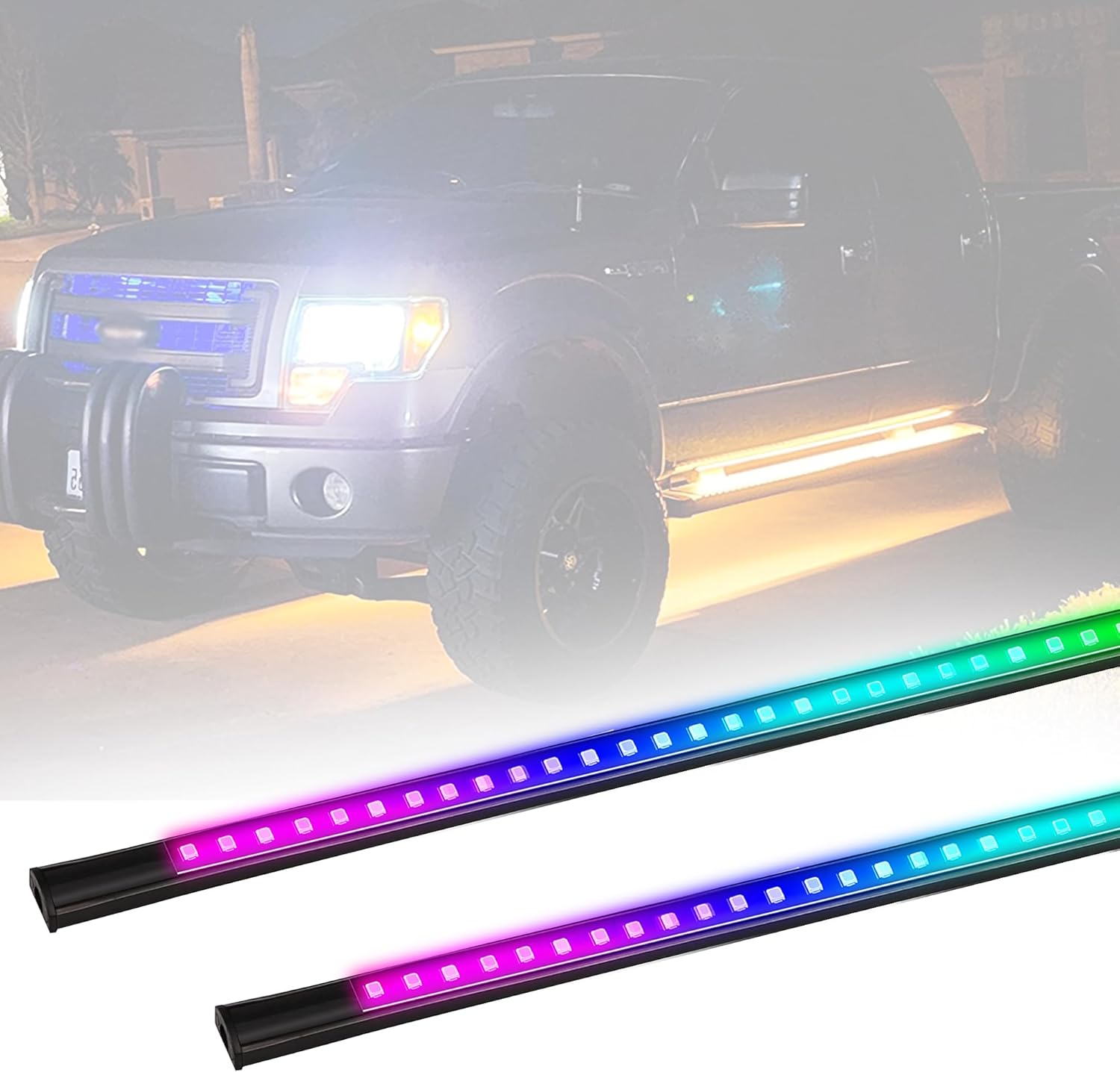 Nicoko 4FT Car Underglow Neon Accent Strip Lights RGB w/Brake Light & Turn Signal Function 16 Million Colors Flashing Music Modes with APP& Remote Control for Car Van SUV Truck Pack 2