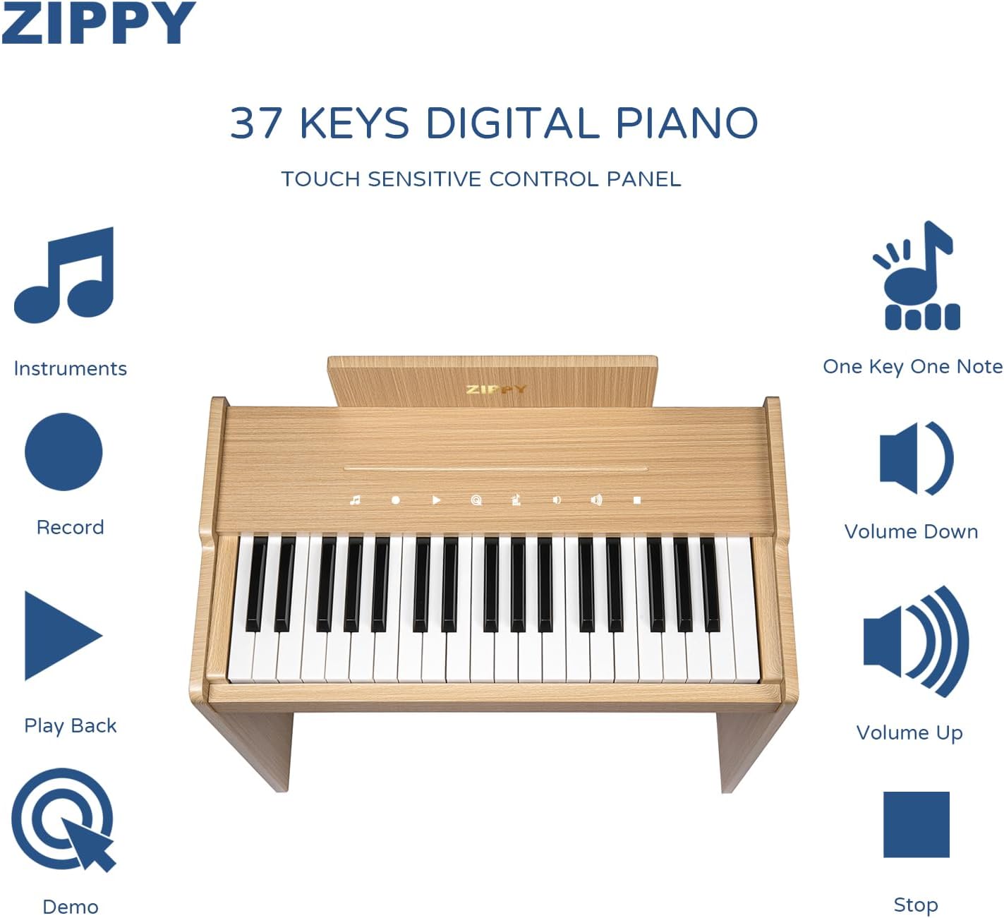 ZIPPY Kids Piano Keyboard, 37 Keys Digital Piano for Kids, Touch Sensitive Control Panel, Built-in Songs, Volume Adjustable, Music Educational Instrument, Wood Piano for 3+ Girls and Boys (Oak Plus)