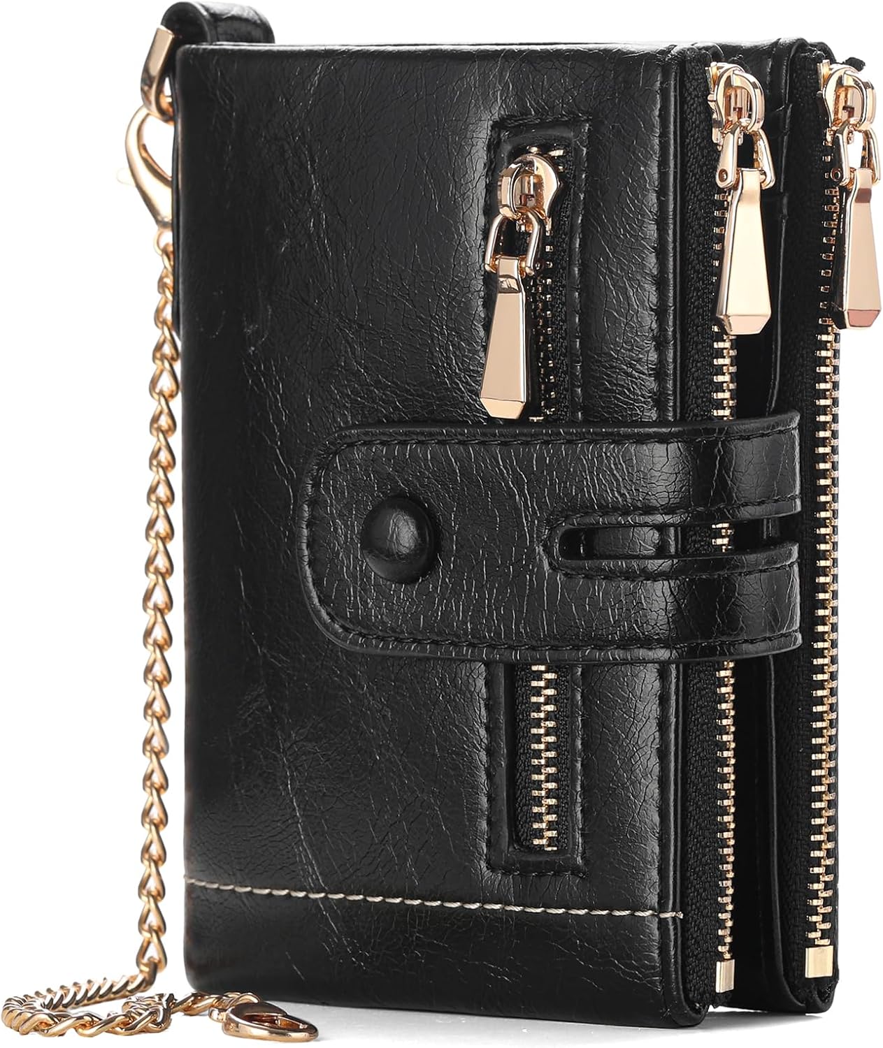Small Genuine Leather Wallet for Women RFID Blocking Bifold with Double Zipper Coin Pocket & Anti-Theft Chain (Black)